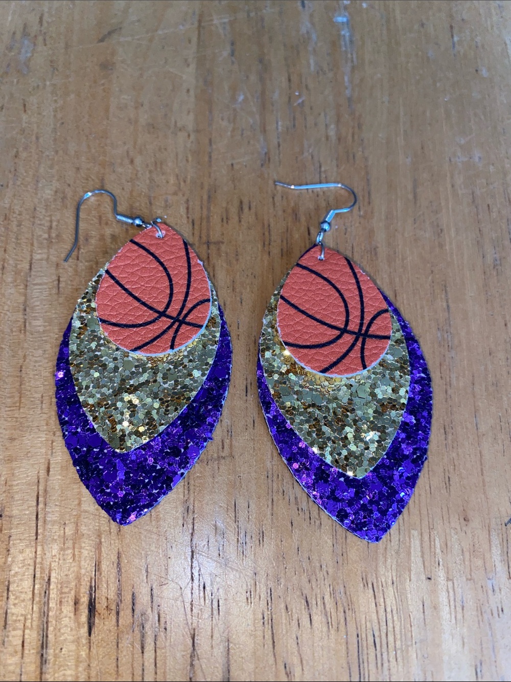 Basketball Accent Layered Teardrop Earrings - Purple, Gold, Orange